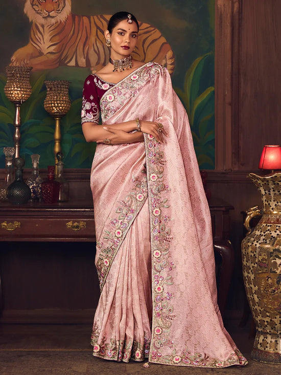 Baby Pink Designer Tissue Silk Saree with Contrast Blouse
