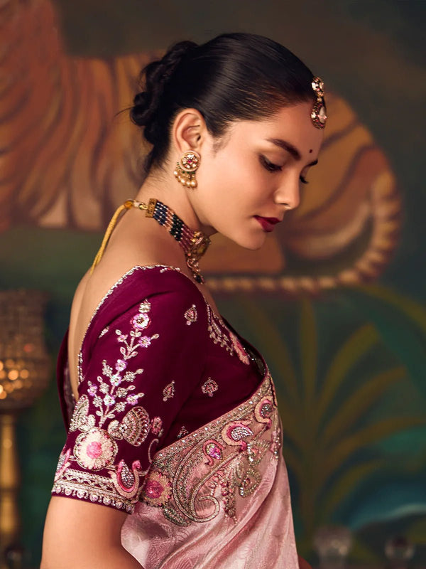 Baby Pink Designer Tissue Silk Saree with Contrast Blouse