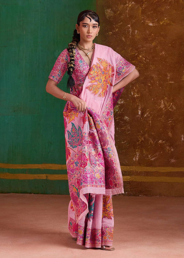 Baby Pink Kashmiri Kani Jamawar Cotton Saree