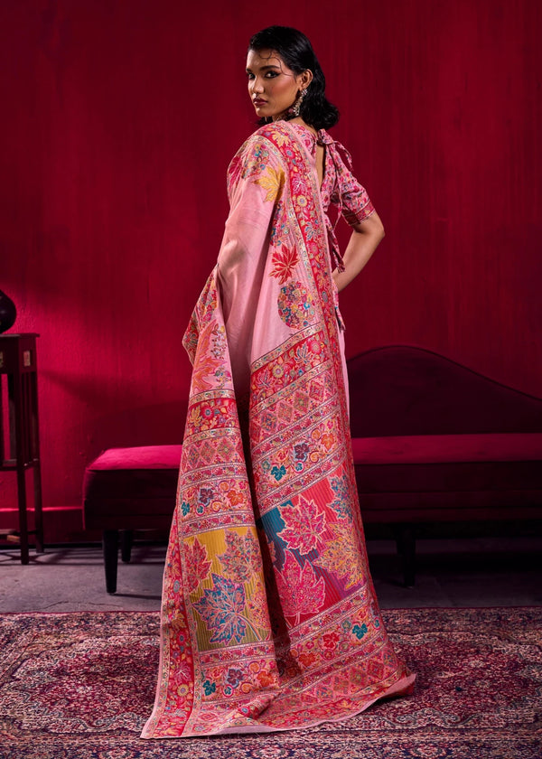 Baby Pink Kashmiri Pashmina Silk Saree