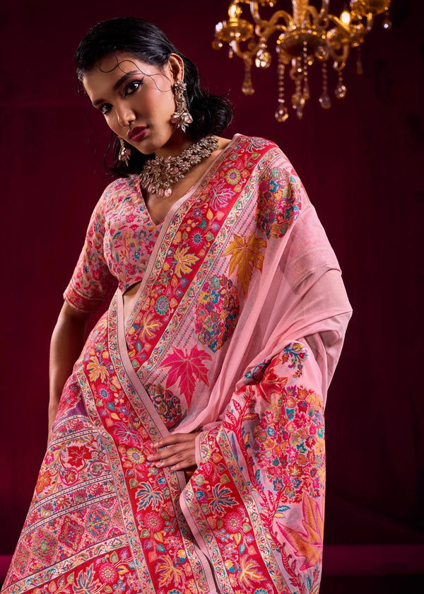 Baby Pink Kashmiri Pashmina Silk Saree