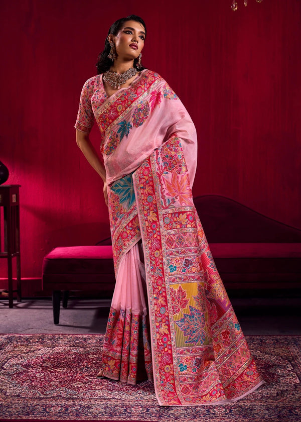 Baby Pink Kashmiri Pashmina Silk Saree