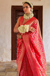 Banarasi Saree in Coral Red with Gold Zari Work