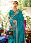 Beautiful Blue Smooth Satin Silk Banarasi Saree