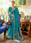 Beautiful Blue Smooth Satin Silk Banarasi Saree