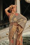 Beaver Grey Kashmiri Jamawar Handloom Silk Saree