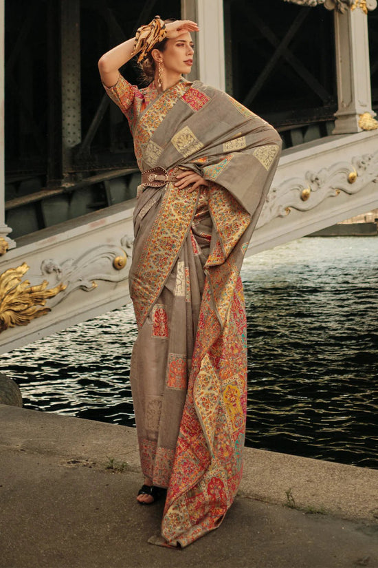Beaver Grey Kashmiri Jamawar Handloom Silk Saree