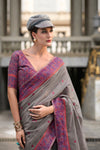 Beaver Grey Woven Linen Cotton Saree