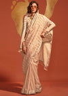 Beige And Gold Woven Banarasi Soft Silk Saree