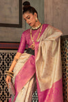 Beige And Pink Woven Banarasi Silk Saree