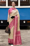 Beige Banarasi Silk Saree With Rani Pink Zari Border