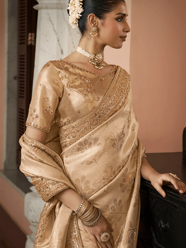 Beige Gold Banarasi Tissue Silk Saree