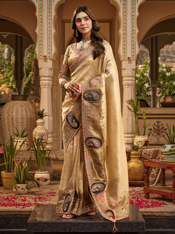 Beige Gold Embroidered Designer Tissue Silk Saree