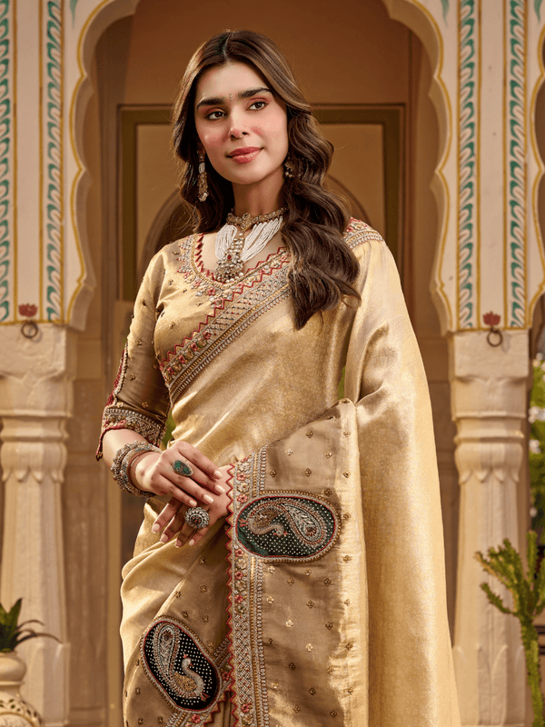 Beige Gold Embroidered Designer Tissue Silk Saree