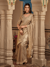 Beige Gold Embroidered Designer Tissue Silk Saree