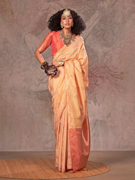 Beige Gold Kanjivaram Two Tone Silk Saree With Contrast Blouse
