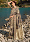 Beige grey Zari Woven Embroidery Banarasi Designer Silk Saree