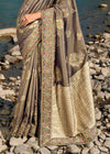 Beige grey Zari Woven Embroidery Banarasi Designer Silk Saree