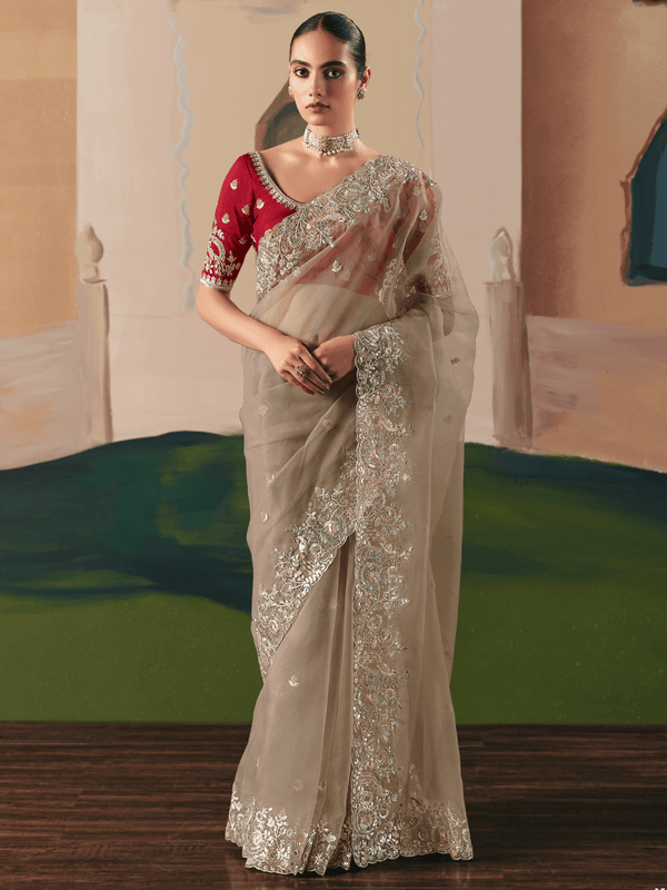 Beige Organza Silk Saree