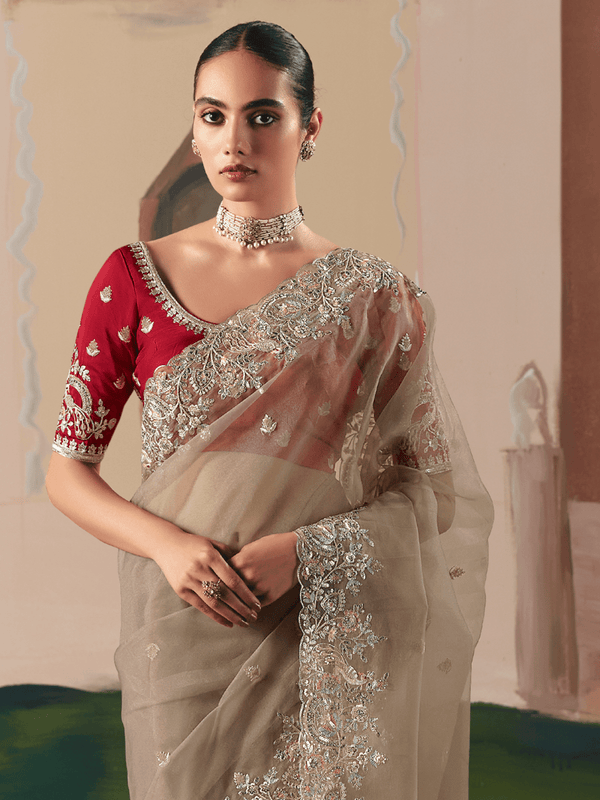 Beige Organza Silk Saree
