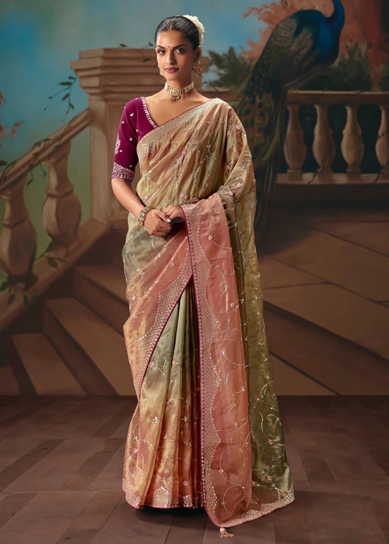 Beige Rose Dual Tone Organza Silk Saree with Wine Contrast Blouse