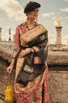 Black And Peach Kashmiri Jamawar Handloom Silk Saree