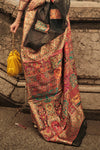 Black And Peach Kashmiri Jamawar Handloom Silk Saree