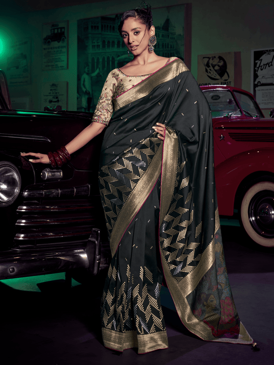 Black Banarasi Satin Silk Saree With Contrast Blouse