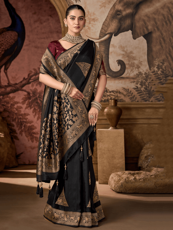 Black Banarasi Soft Silk Saree With Contrast Blouse