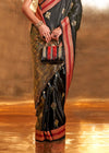 Black Handloom Woven Satin Silk Saree