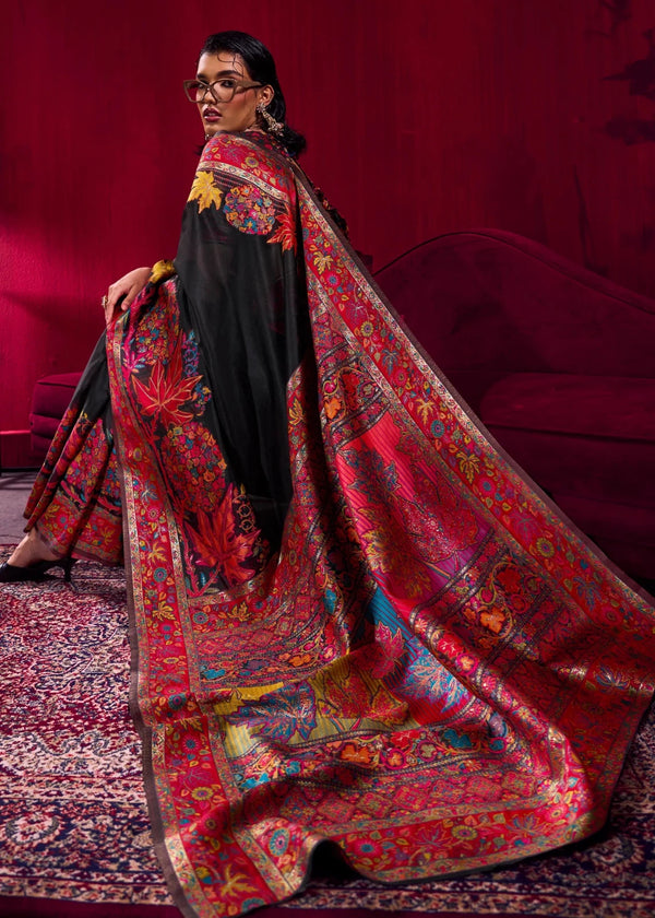 Black Kashmiri Pashmina Silk Saree