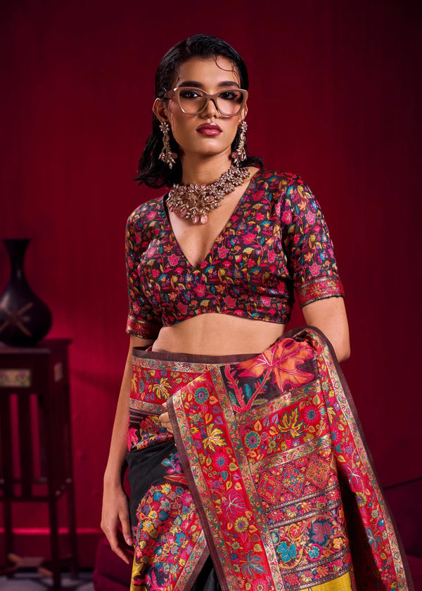 Black Kashmiri Pashmina Silk Saree