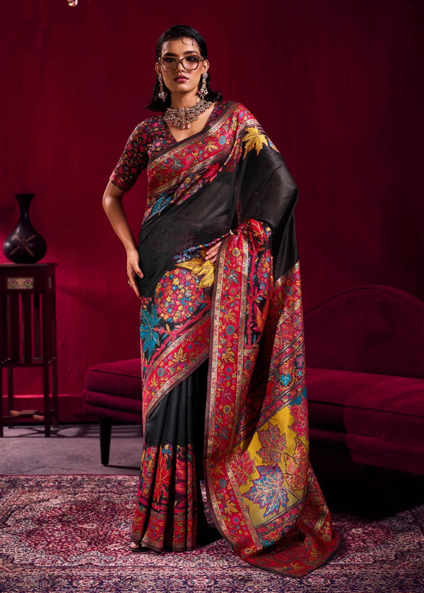 Black Kashmiri Pashmina Silk Saree