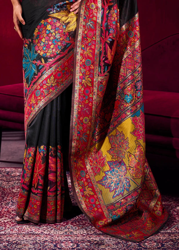 Black Kashmiri Pashmina Silk Saree