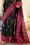 Black Woven Banarasi Soft Silk Saree With Contrast Blouse