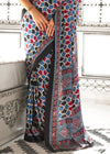 Blue And Red Ajrakh Satin Crepe Saree