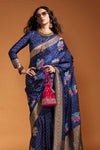 Blue Handloom Satin Silk Saree