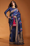 Blue Handloom Satin Silk Saree