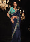 Blue Heavy Embroidery Designer Silk Saree