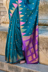 Blue Khadi South Silk Saree With Temple Border