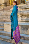 Blue Khadi South Silk Saree With Temple Border