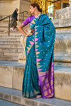 Blue Khadi South Silk Saree With Temple Border