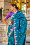 Blue Khadi South Silk Saree With Temple Border