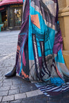 Blue Multicolor Digital Printed Satin Saree