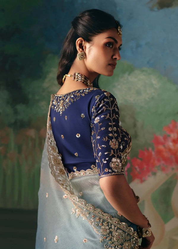 Blue Ombre Designer Silk Saree with Heavy Embroidery Work