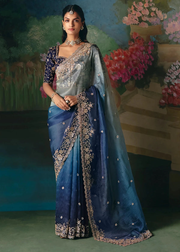 Blue Ombre Designer Silk Saree with Heavy Embroidery Work