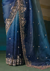 Blue Ombre Designer Silk Saree with Heavy Embroidery Work