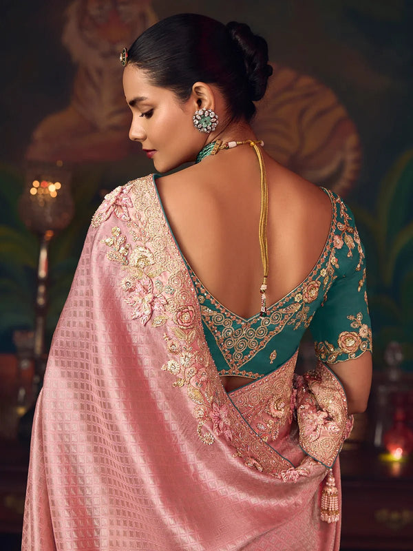 Blush Pink Designer Tissue Silk Saree with Contrast Blouse