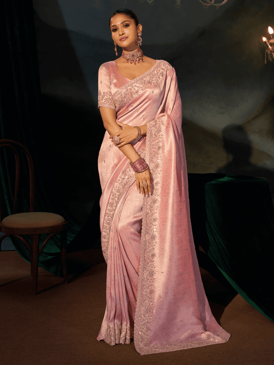 Blush Pink Embroidered Designer Tissue Silk Saree