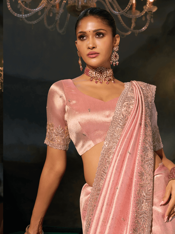 Blush Pink Embroidered Designer Tissue Silk Saree